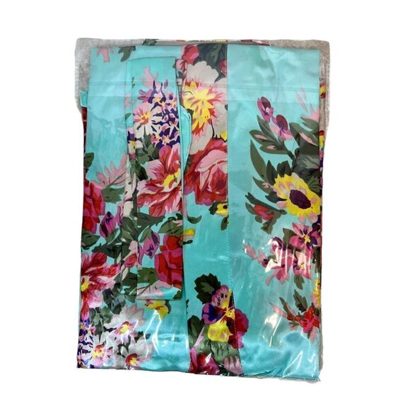 Kimono Robe Floral Satin Aqua Green with Pockets and Belt XS - Picture 2 of 5